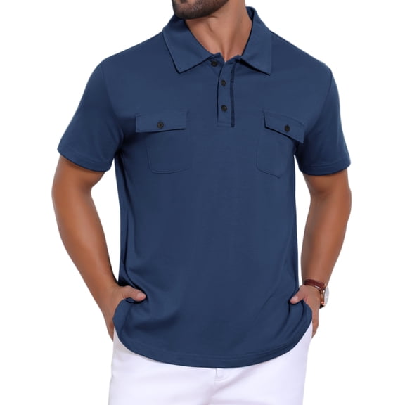 INSPIRE CHIC Men's Collared Short Sleeve Double Chest Pockets Outdoor Polo Shirt L Dark Blue