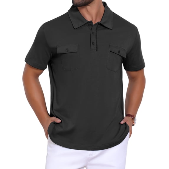 INSPIRE CHIC Men's Collared Short Sleeve Double Chest Pockets Outdoor Polo Shirt M Black