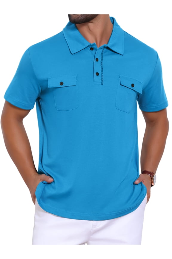 Men's Collared Short Sleeve Double Chest Pockets Outdoor Polo Shirt M Blue