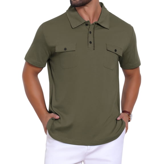 INSPIRE CHIC Men's Collared Short Sleeve Double Chest Pockets Outdoor Polo Shirt M Olive Green