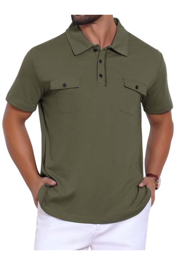 Men's Collared Short Sleeve Double Chest Pockets Outdoor Polo Shirt M Olive Green