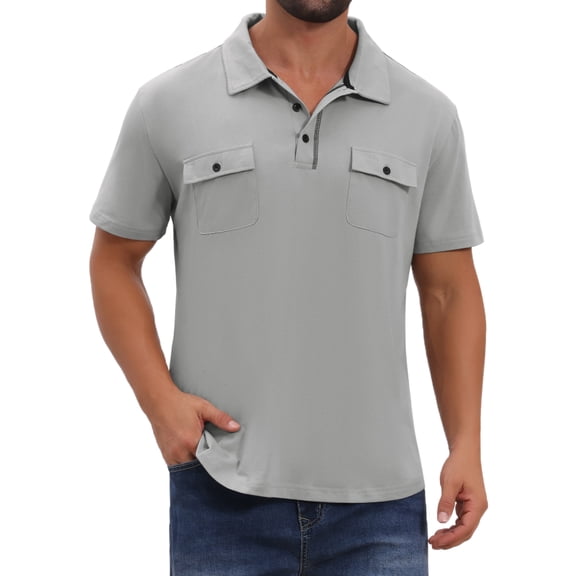 INSPIRE CHIC Men's Collared Short Sleeve Double Chest Pockets Outdoor Polo Shirt S Light Gray