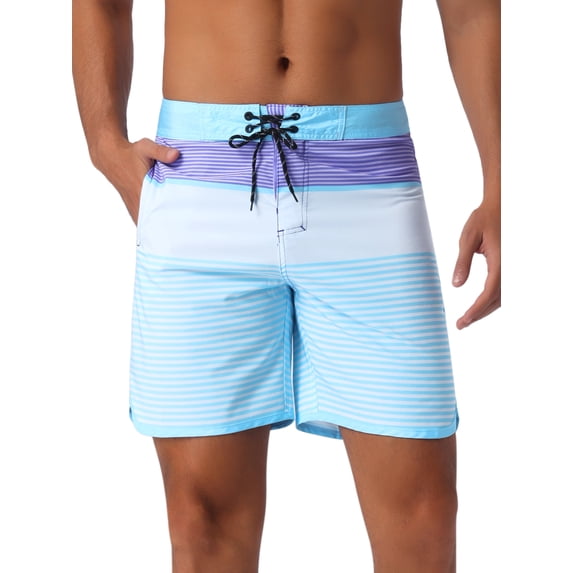 INSPIRE CHIC Men's Color Block Drawstring Waist Pool Beach Striped Swimming Shorts 28 Sky Blue
