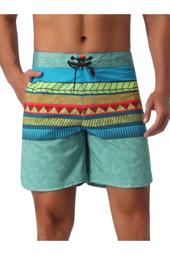 Men's Color Block Drawstring Waist Pool Beach Striped Swimming Shorts 32 Green