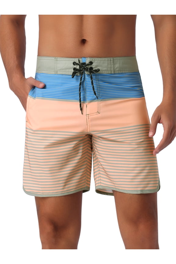 Men's Color Block Drawstring Waist Pool Beach Striped Swimming Shorts 36 Orange