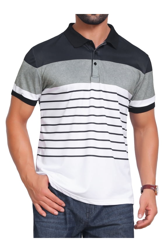 Men's Colorblock Striped Short Sleeve Three Button Work Polo Shirts XL Black White