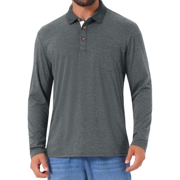 INSPIRE CHIC Men's Contrast Button Collared Pocket Long Sleeves Golf Polo T-Shirts S Dark Gray