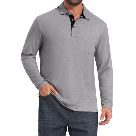 INSPIRE CHIC Men's Contrast Button Collared Pocket Long Sleeves Golf Polo T-Shirts S Light Gray