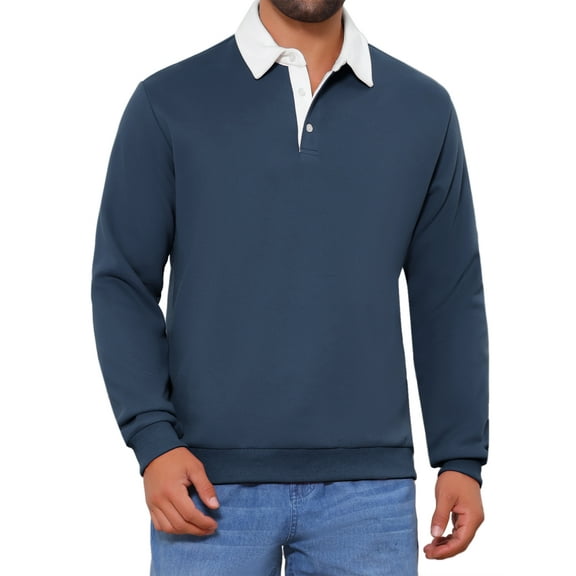 INSPIRE CHIC Men's Contrast Collared Long Sleeves Pullover Polo Sweatshirt L Dark Blue
