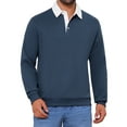 thumbnail image 1 of INSPIRE CHIC Men's Contrast Collared Long Sleeves Pullover Polo Sweatshirt M Dark Blue, 1 of 6