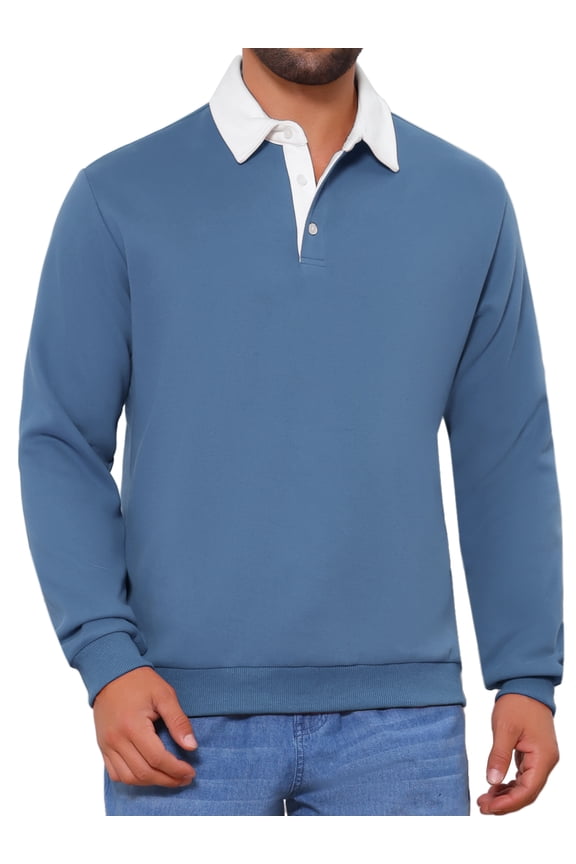 Men's Contrast Collared Long Sleeves Pullover Polo Sweatshirt S Blue