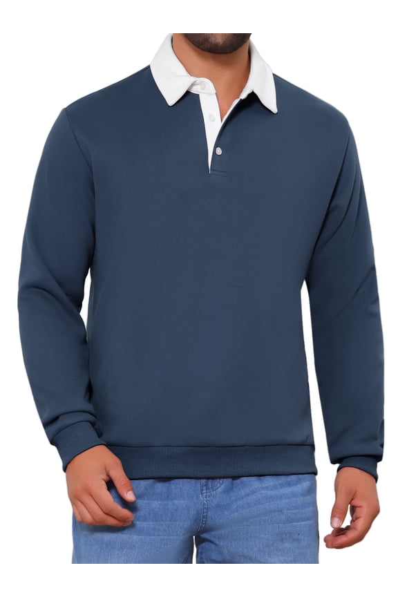 Men's Contrast Collared Long Sleeves Pullover Polo Sweatshirt S Dark Blue