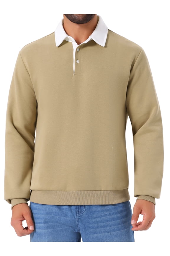 Men's Contrast Collared Long Sleeves Pullover Polo Sweatshirt S Khaki