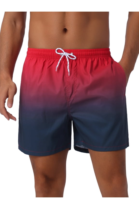 Men's Contrast Color Gradient Elastic Waist Summer Drawstring Beach Shorts 28 Red Black