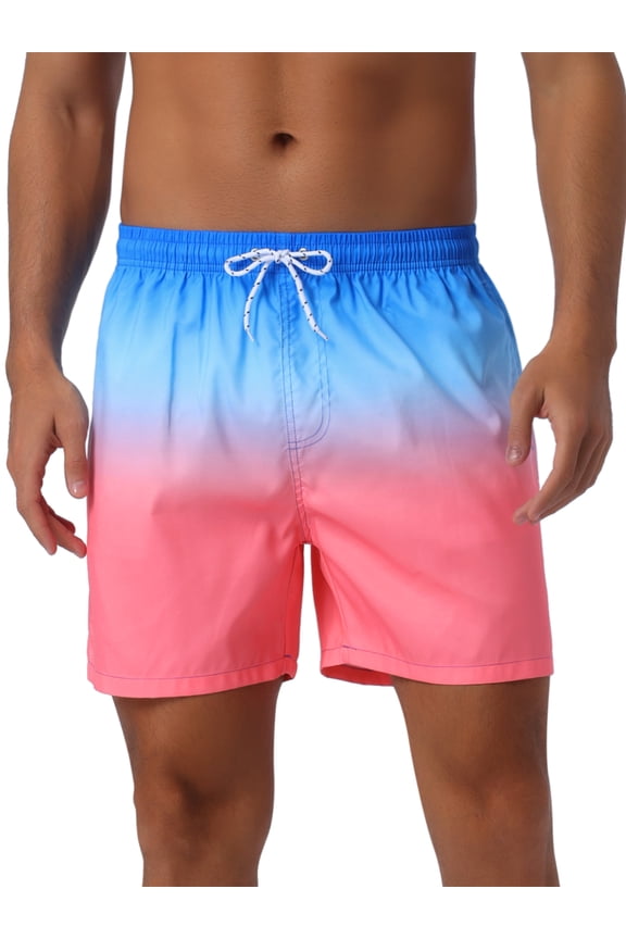 Men's Contrast Color Gradient Elastic Waist Summer Drawstring Beach Shorts 34 Blue Red