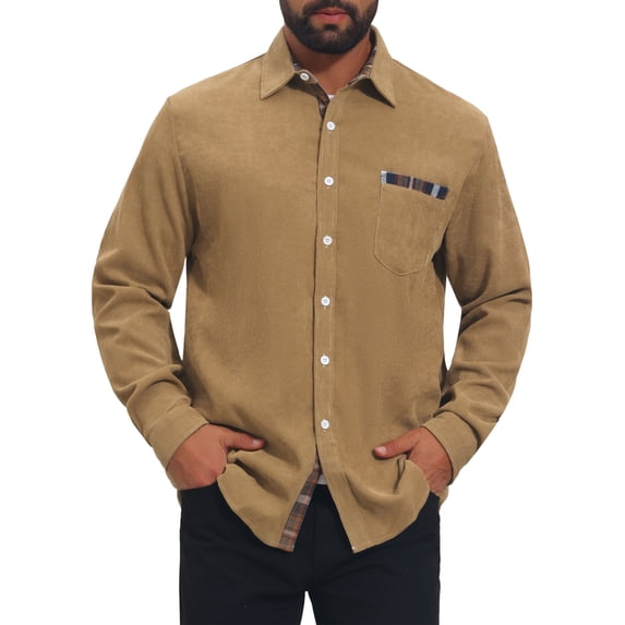 INSPIRE CHIC Men's Contrast Dress Shirt Plaid Collar Casual Button Down Shirts L Khaki