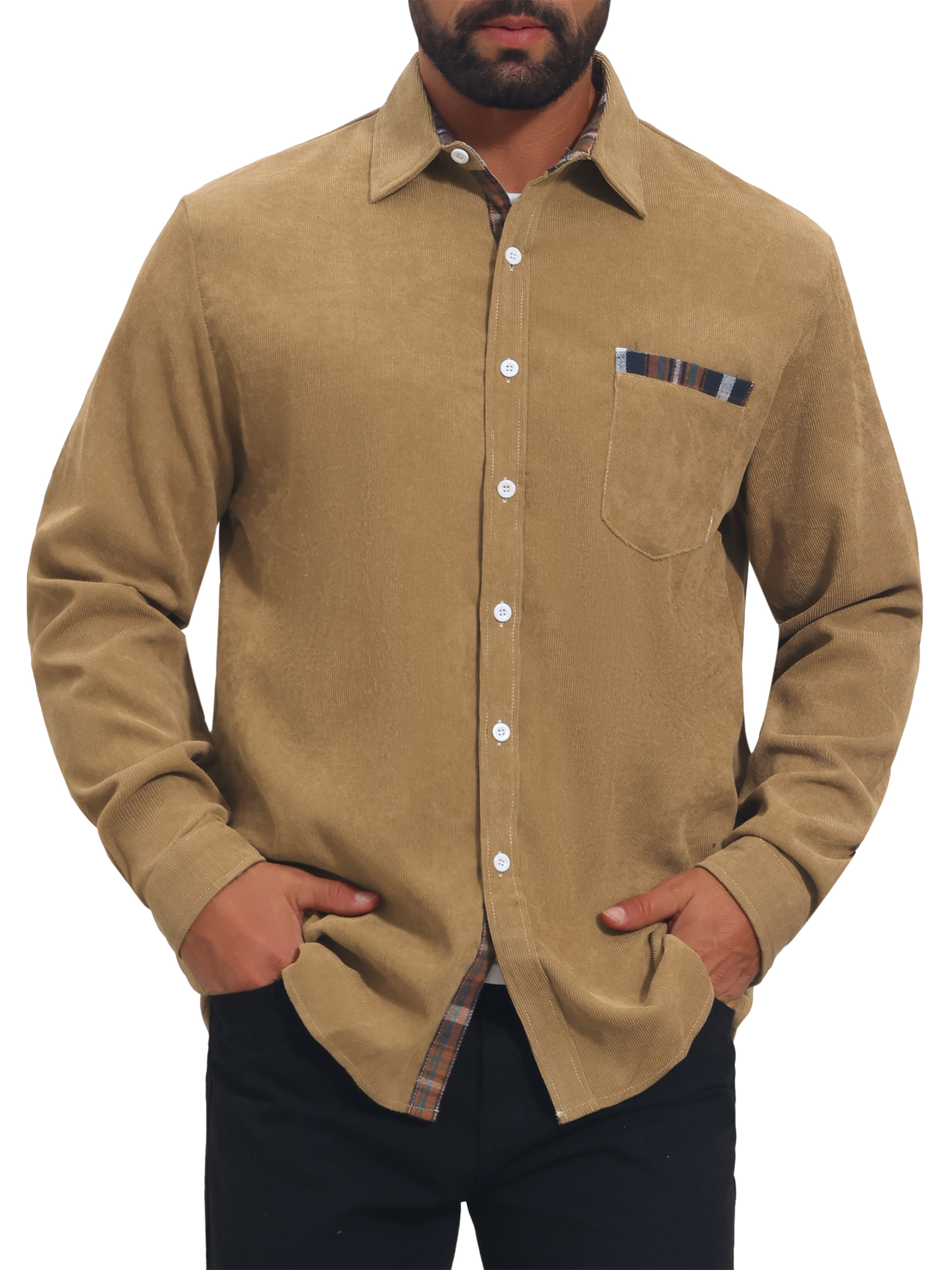 INSPIRE CHIC Men's Contrast Dress Shirt Plaid Collar Casual Button Down Shirts M Khaki