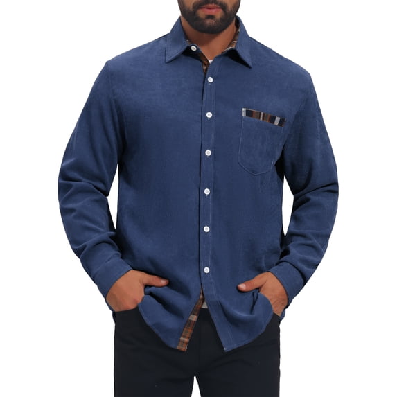 INSPIRE CHIC Men's Contrast Dress Shirt Plaid Collar Casual Button Down Shirts S Navy Blue