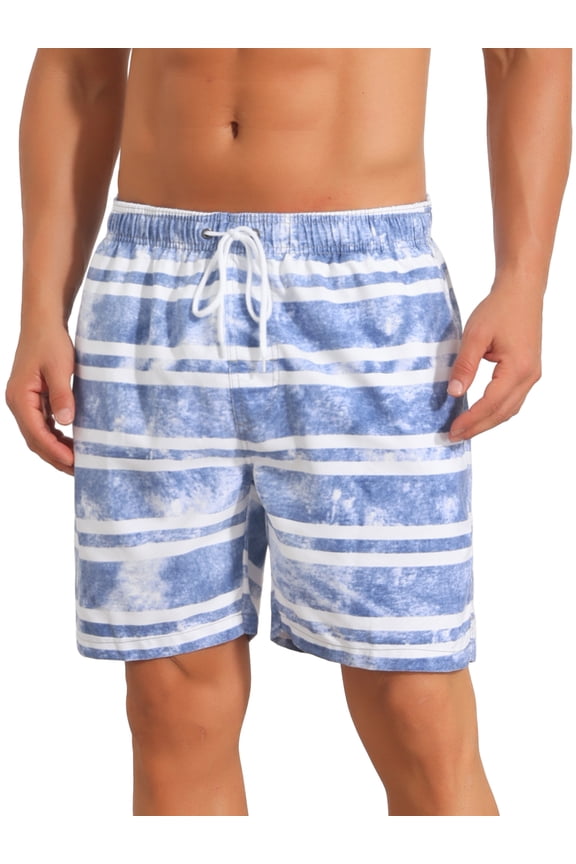 Men's Contrast Pattern Drawstring Bathing Summer Beach Shorts 28 Blue