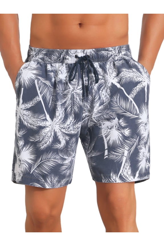 Men's Contrast Pattern Drawstring Bathing Summer Beach Shorts 38 Dark Blue