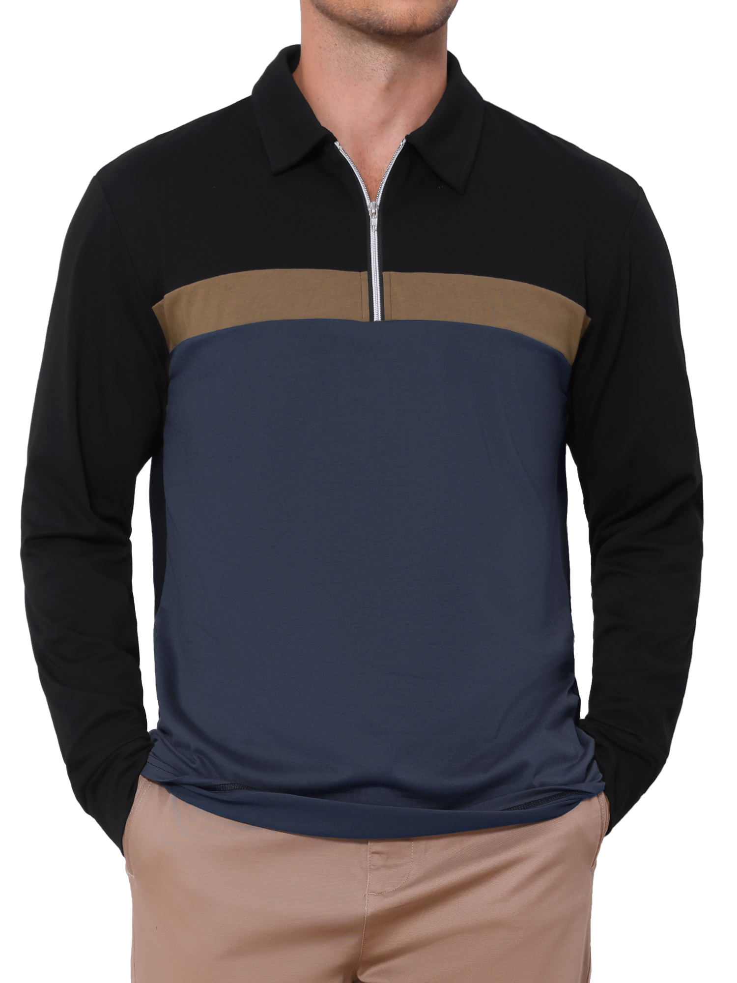 INSPIRE CHIC Men's Golf Shirt Zip Neck Color Block Long Sleeve Collared Casual Top S Navy Blue