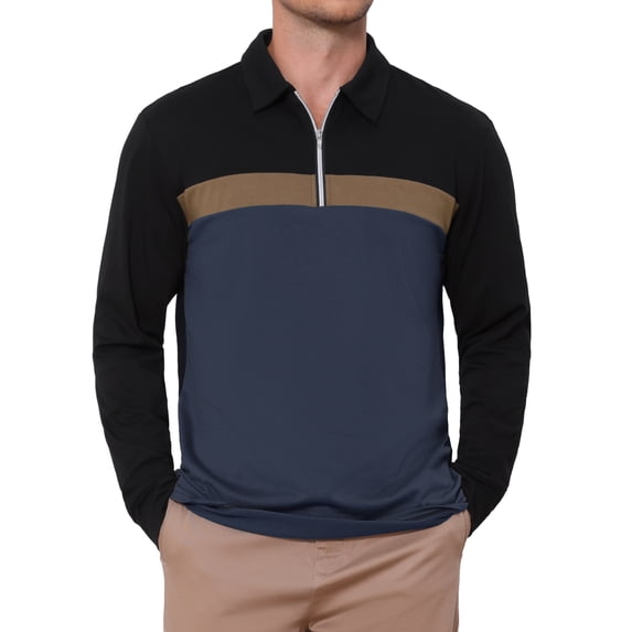 INSPIRE CHIC Men's Golf Shirt Zip Neck Color Block Long Sleeve Collared Casual Top XL Navy Blue