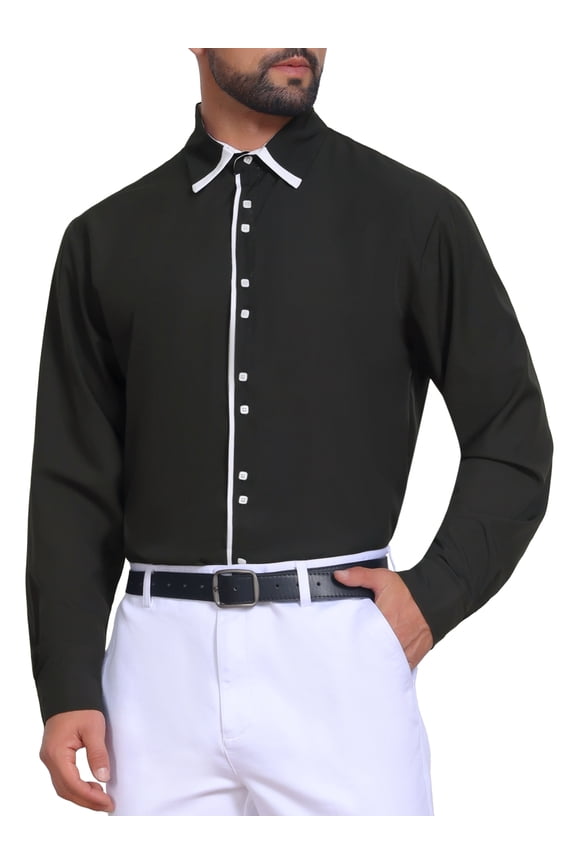 Men's Contrast Trim Long Sleeve Button Down Office Formal Shirts XL Black
