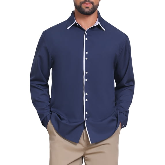 INSPIRE CHIC Men's Contrast Trim Long Sleeve Button Down Office Formal Shirts XL Dark Blue