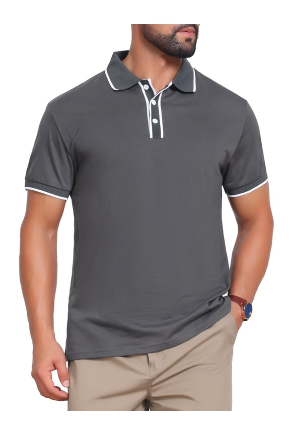 Men's Contrast Trim Short Sleeve Three-Button Closure Knitted Polo Shirts M Dark Gray