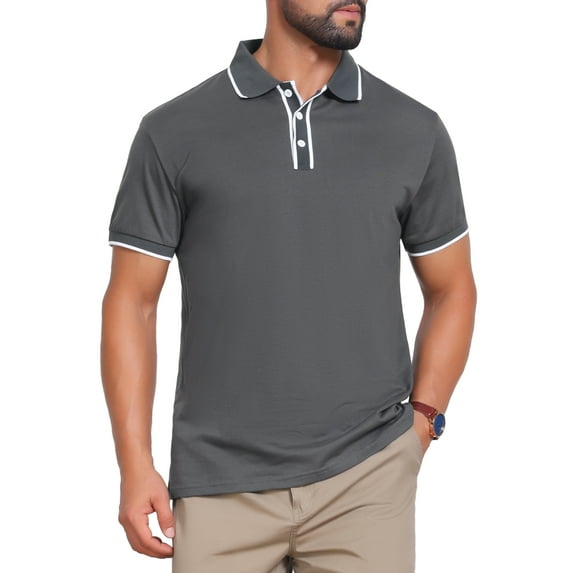INSPIRE CHIC Men's Contrast Trim Short Sleeve Three-Button Closure Knitted Polo Shirts S Dark Gray