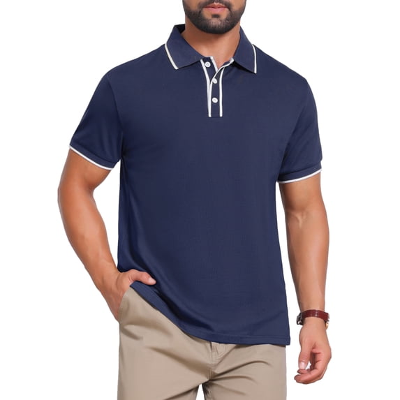 INSPIRE CHIC Men's Contrast Trim Short Sleeve Three-Button Closure Knitted Polo Shirts S Navy Blue