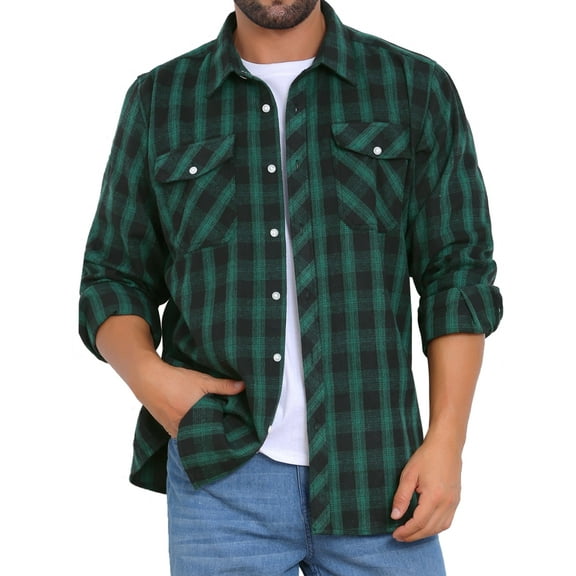 INSPIRE CHIC Men's Contrasting Colors Checked Slim Fit Long Sleeved Button Down Shirts with Pocket L Black Green