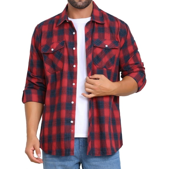 INSPIRE CHIC Men's Contrasting Colors Checked Slim Fit Long Sleeved Button Down Shirts with Pocket L Red Blue