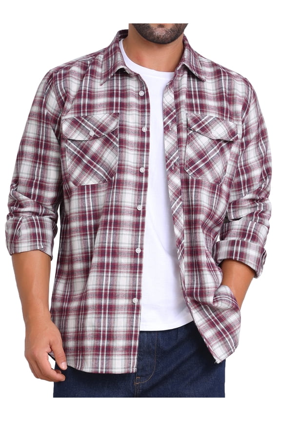 Men's Contrasting Colors Checked Slim Fit Long Sleeved Button Down Shirts with Pocket M Burgundy
