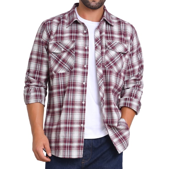 INSPIRE CHIC Men's Contrasting Colors Checked Slim Fit Long Sleeved Button Down Shirts with Pocket M Burgundy