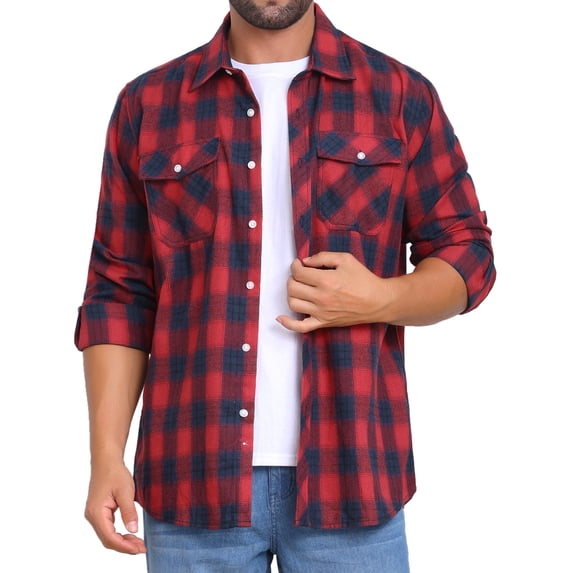 INSPIRE CHIC Men's Contrasting Colors Checked Slim Fit Long Sleeved Button Down Shirts with Pocket M Red Blue