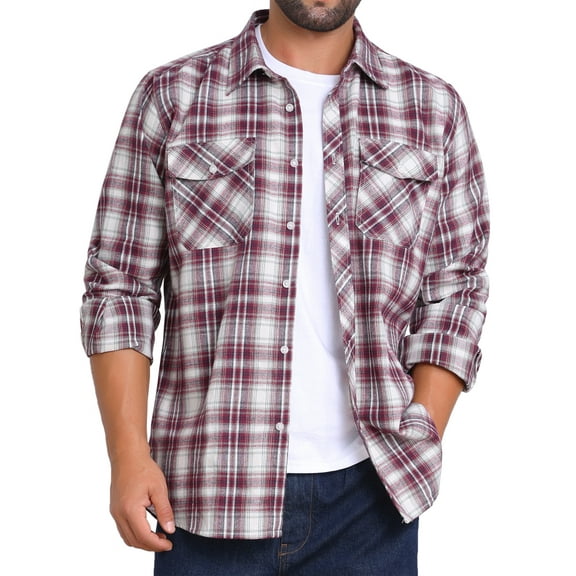 INSPIRE CHIC Men's Contrasting Colors Checked Slim Fit Long Sleeved Button Down Shirts with Pocket S Burgundy