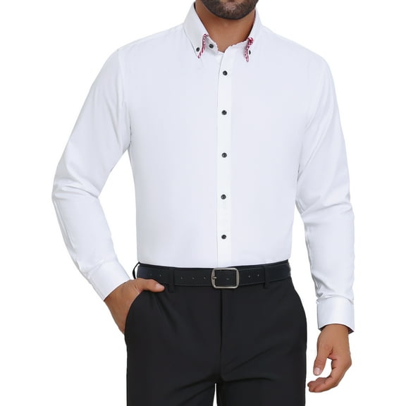 INSPIRE CHIC Men's Contrasting Colors Collar Long Sleeve Button Down Formal Business Dress Shirts S White