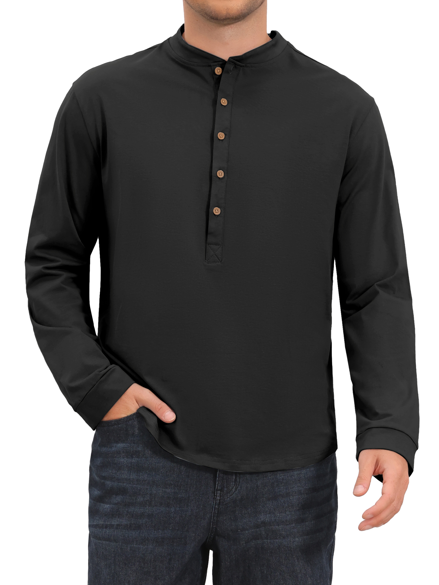 INSPIRE CHIC Men's Henley Shirt Long Sleeve Solid Color Button Placket Pullover Top 2XL Black