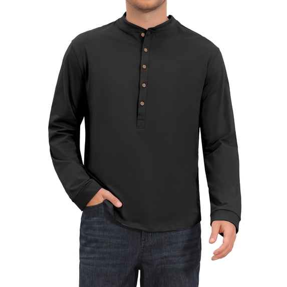 INSPIRE CHIC Men's Henley Shirt Long Sleeve Solid Color Button Placket Pullover Top M Black