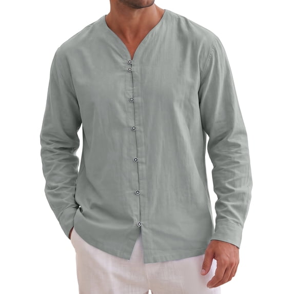 INSPIRE CHIC Men's Cotton Linen Shirt Long Sleeve Button Down Casual Shirts L Gray