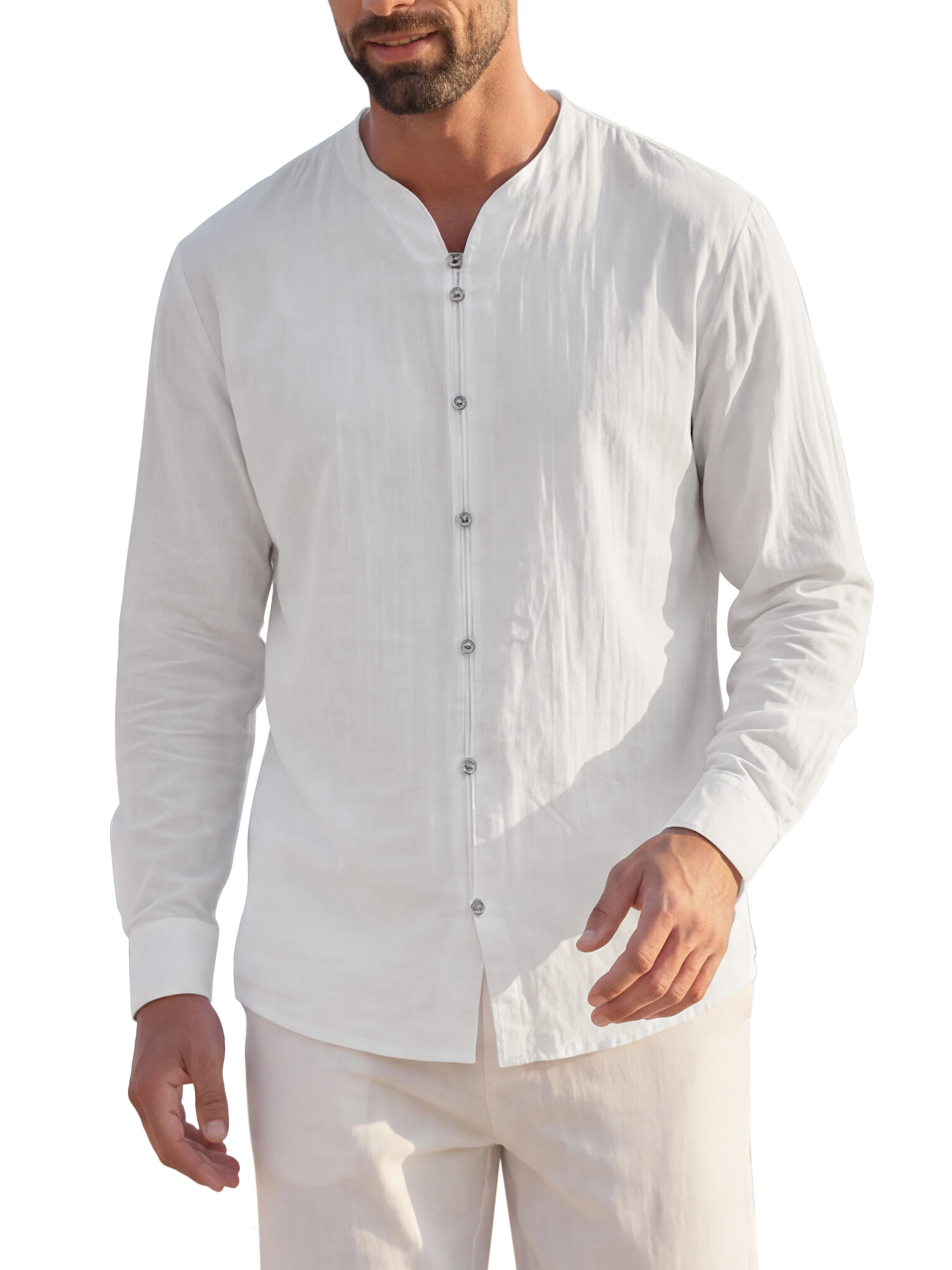INSPIRE CHIC Men's Cotton Linen Shirt Long Sleeve Button Down Casual Shirts S White