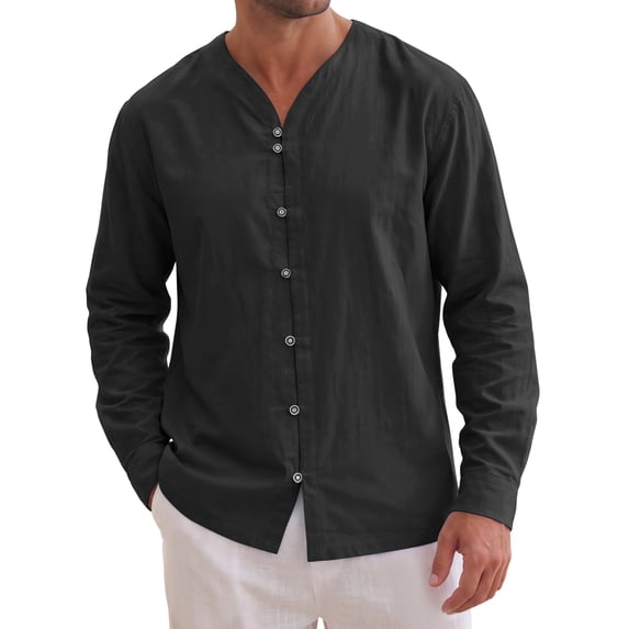 INSPIRE CHIC Men's Cotton Linen Shirt Long Sleeve Button Down Casual Shirts XL Black