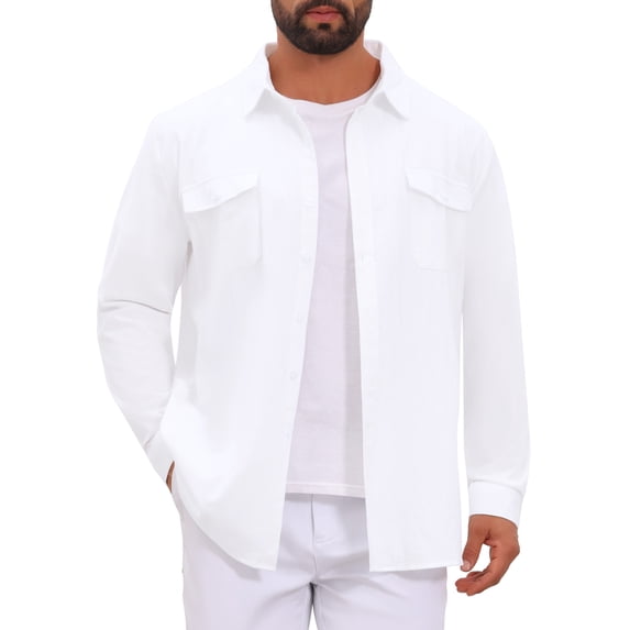 INSPIRE CHIC Men's Long Sleeve Button Down Shirt Two Chest Pockets Casual Cotton Linen Shirt Top L White