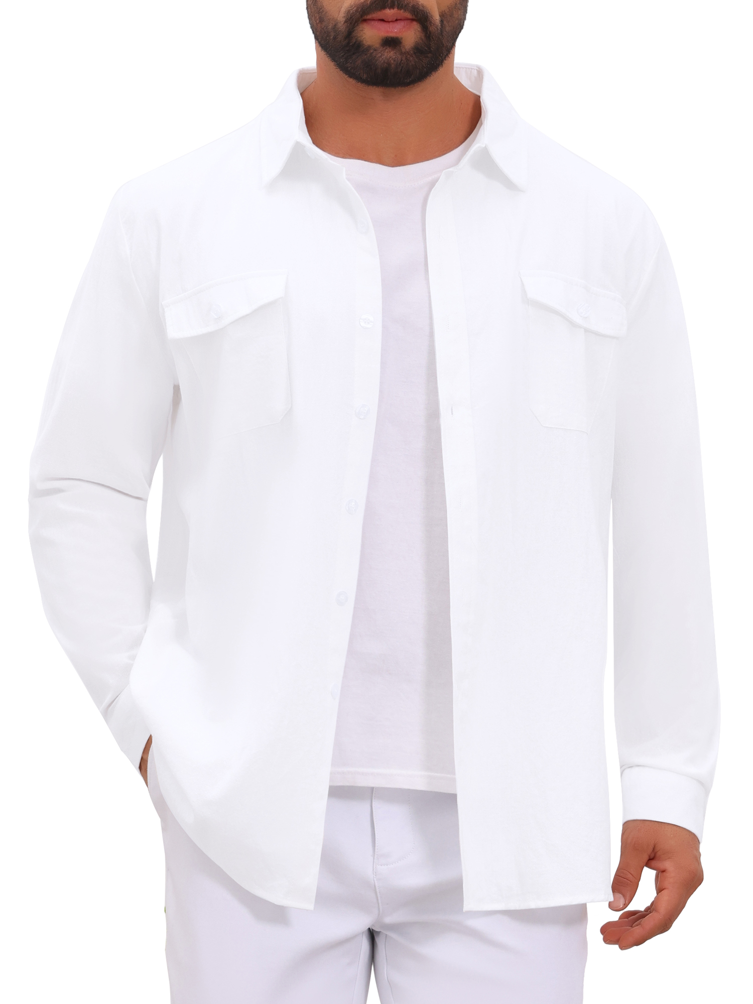 INSPIRE CHIC Men's Long Sleeve Button Down Shirt Two Chest Pockets Casual Cotton Linen Shirt Top L White