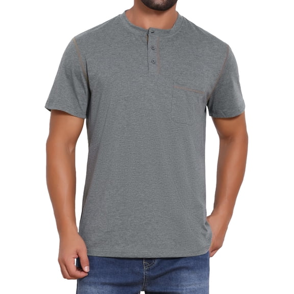 INSPIRE CHIC Men's Crew Neck with Pocket Short Sleeve Button Down Henley T-Shirt 2XL Gray