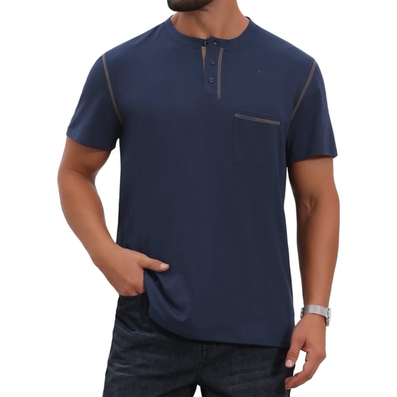 INSPIRE CHIC Men's Crew Neck with Pocket Short Sleeve Button Down Henley T-Shirt L Navy Blue
