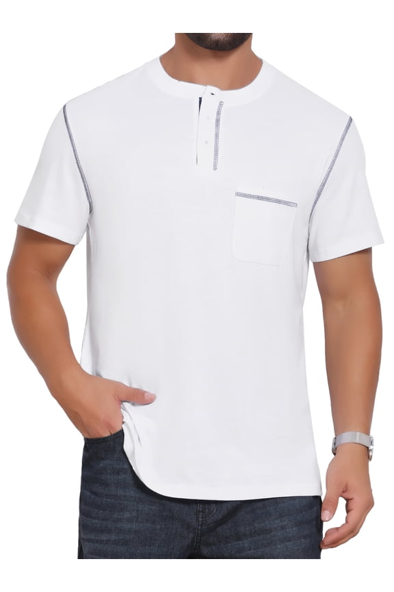 Men's Crew Neck with Pocket Short Sleeve Button Down Henley T-Shirt M White