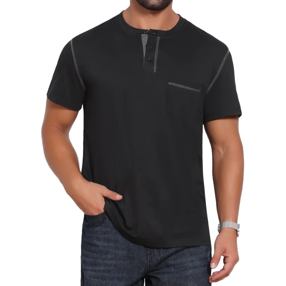 INSPIRE CHIC Men's Crew Neck with Pocket Short Sleeve Button Down Henley T-Shirt S Black