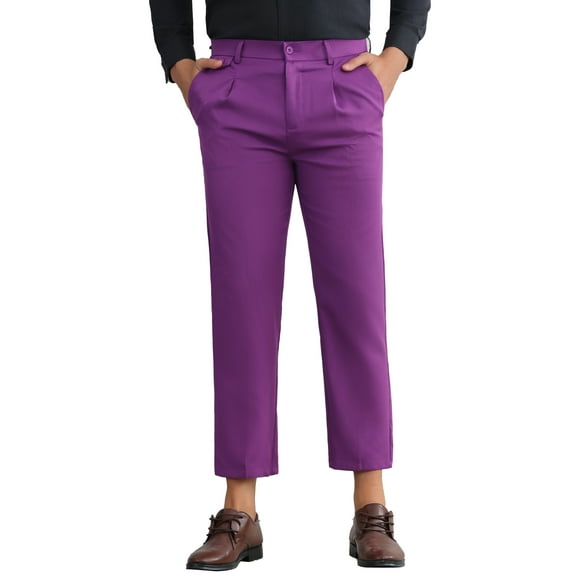INSPIRE CHIC Men's Cropped Pants Skinny Pleated Front Ankle Length Dress Pants 28 Purple